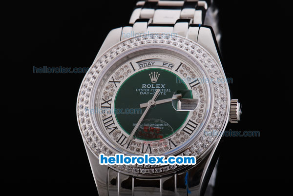 Rolex Day-Date Oyster Perpetual Automatic Full Diamond Bezel with Green and Diamond Dial,Roman Marking-Big Calendar - Click Image to Close